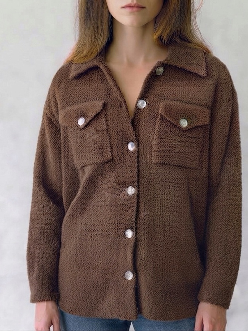 Ruby Moon Fuzzy Teddy Knit Button Up Sweater Chocolate Brown Size Medium